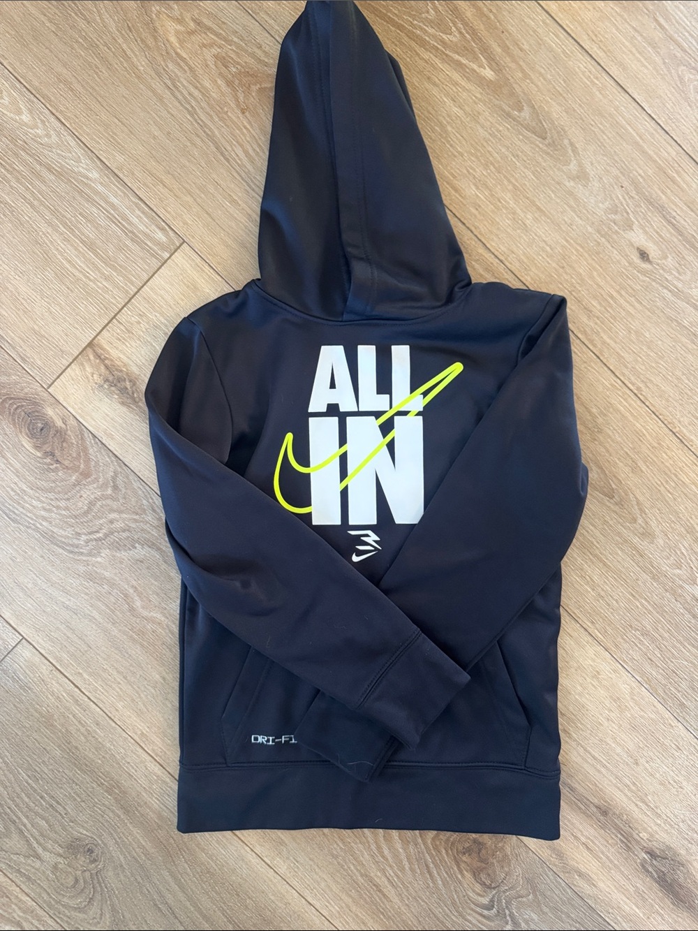 Nike Black Hoodie with Neon Yellow Swoosh and ALL IN Print
